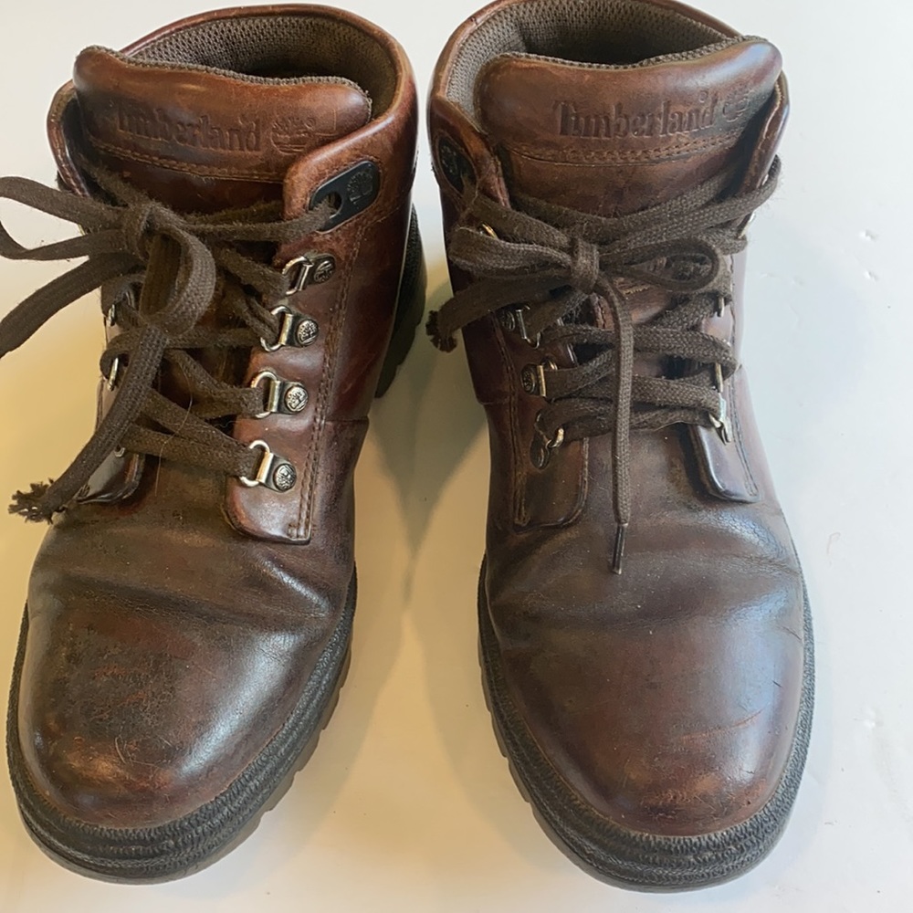 Timberland Brown Leather Hiking Ankle Boots Preowned Women Sz.6M man made soles